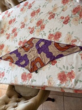 Gucci Beige Purple Brown Horse Bit Diamond Shape Silk Scarf-Vintage